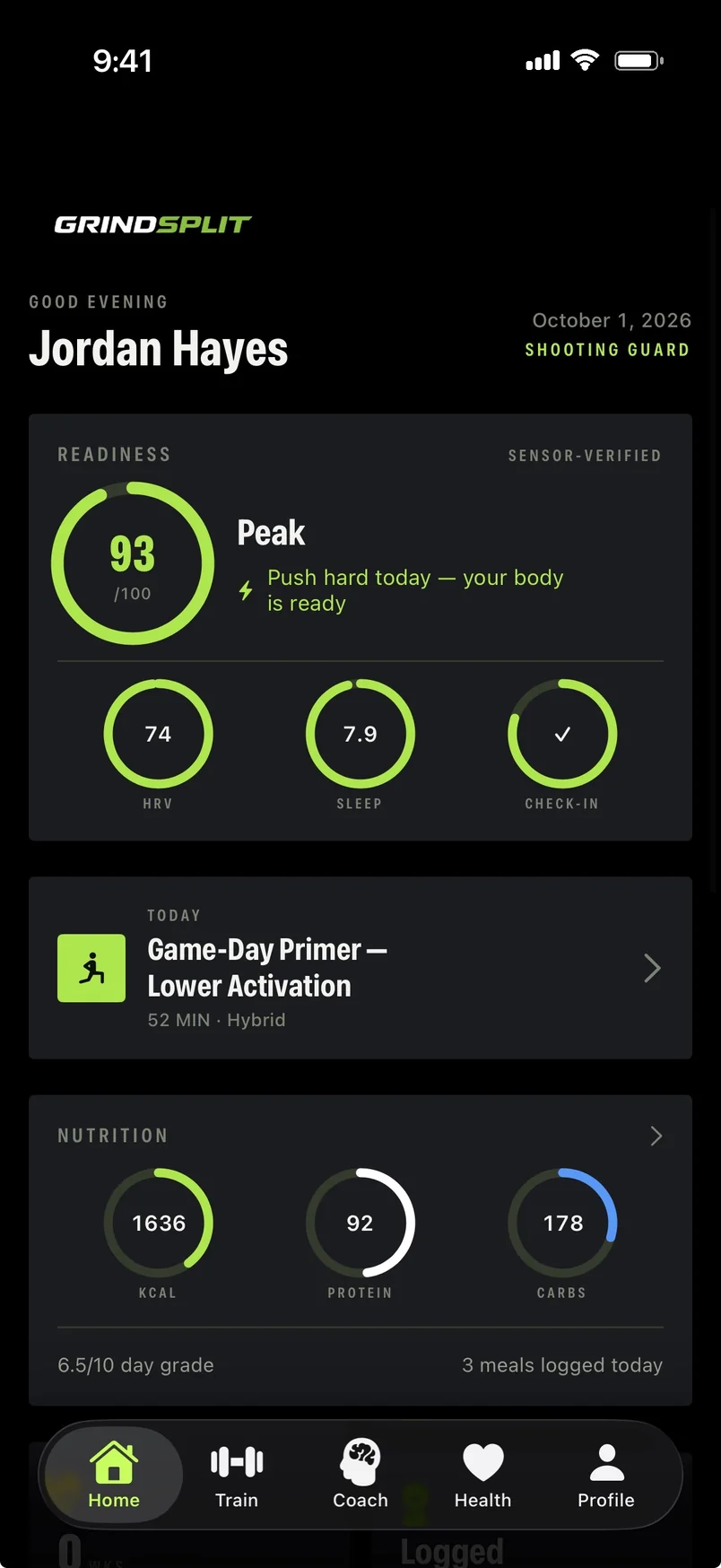 GrindSplit home screen: readiness score 93, Peak, with HRV, sleep and check-in rings, today's Game-Day Primer workout, and nutrition progress