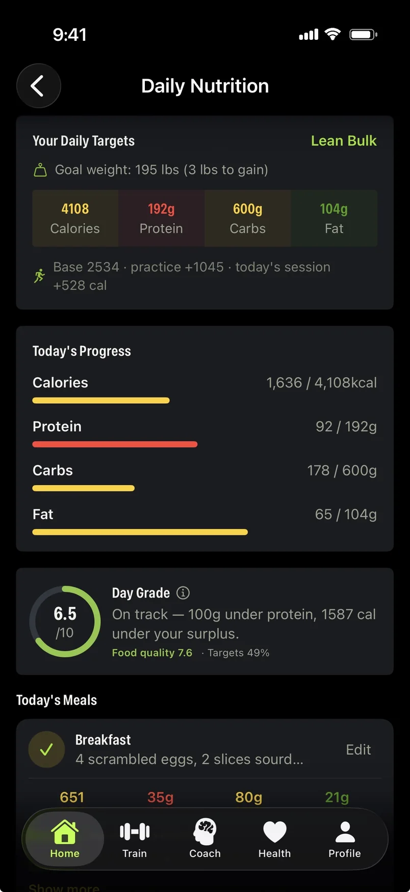 Daily Nutrition: 4,108 calorie Lean Bulk targets, goal weight, macro progress bars and a 6.5 day grade