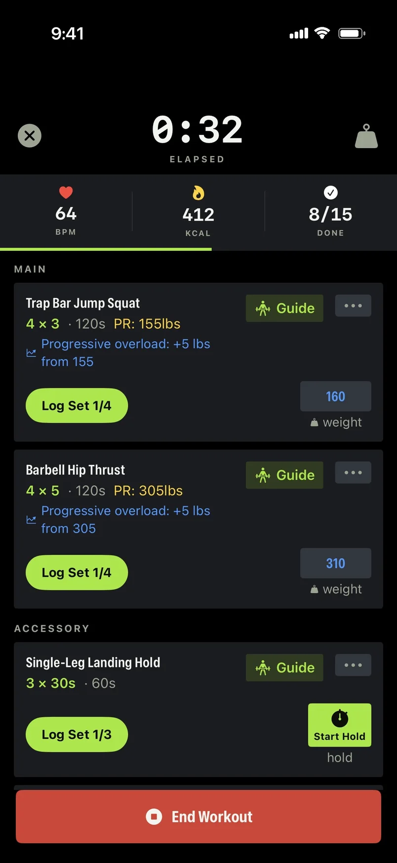 Live workout: Trap Bar Jump Squat and Barbell Hip Thrust with Log Set buttons, progressive overload suggestions, and a Start Hold timer